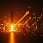 Silueta de cohete SpaceX ascendiendo con gráficos digitales que simbolizan una valoración récord de 800 mil millones USD en startups y financiación tecnológica.