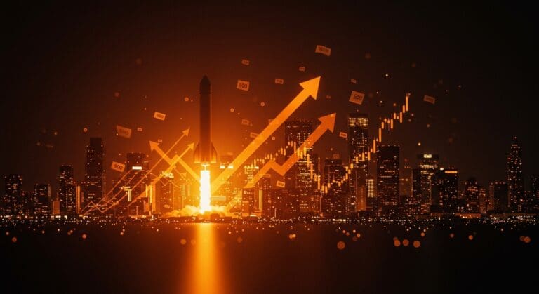 Silueta de cohete SpaceX ascendiendo con gráficos digitales que simbolizan una valoración récord de 800 mil millones USD en startups y financiación tecnológica.