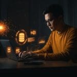 Desarrollador usando SQLite AI para apps inteligentes offline y edge con visualización de redes neuronales y sincronización de datos.