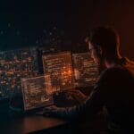 Desarrollador analizando esquemas digitales que representan testing avanzado para garantizar la calidad en SQLite como base de datos embebida.