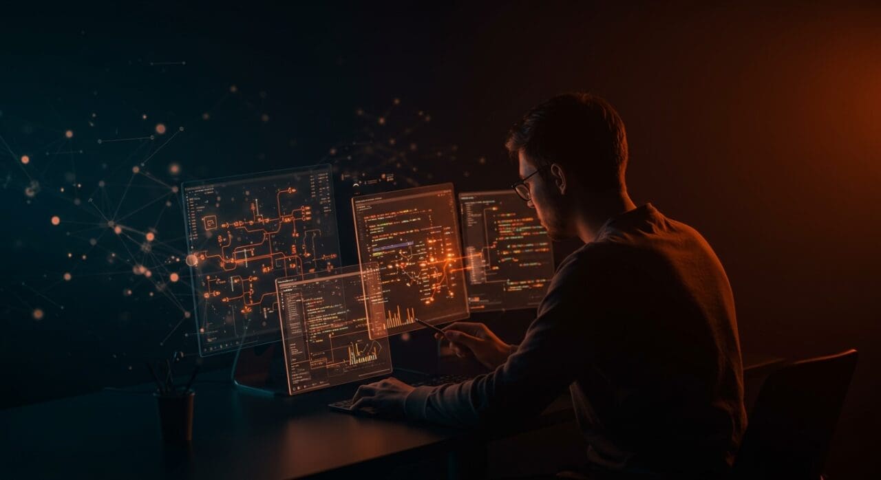 Desarrollador analizando esquemas digitales que representan testing avanzado para garantizar la calidad en SQLite como base de datos embebida.