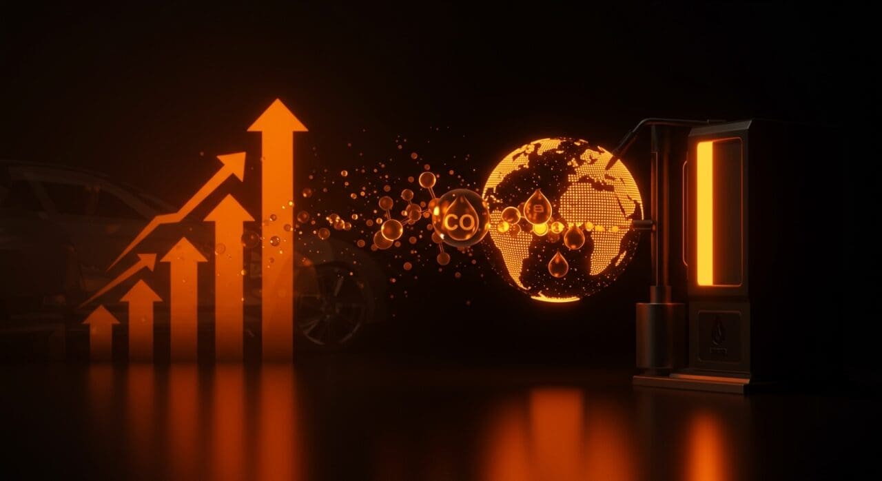 Máquina innovadora que crea gasolina sintética limpia del aire, simbolizando energía limpia y transición energética en startups LATAM.