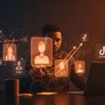 Startup IA Doublespeed con fundador gestionando influencers generados por inteligencia artificial en redes sociales, destacando la automatización y retos éticos.