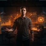 Joven fundador de startup de inteligencia artificial liderando con innovación y crecimiento tecnológico en un entorno moderno.