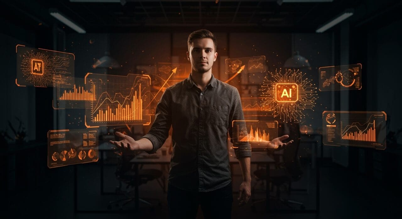 Joven fundador de startup de inteligencia artificial liderando con innovación y crecimiento tecnológico en un entorno moderno.