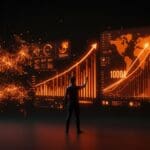 Fundador de startup IA Manus frente a gráficos de ingresos recurrentes y expansión internacional, ilustrando crecimiento récord y tecnología avanzada.