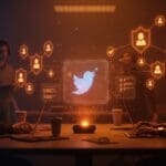 Colaboración de startup revitalizando la marca Twitter con símbolos de verificación y tendencias tecnológicas en ecosistema startup.