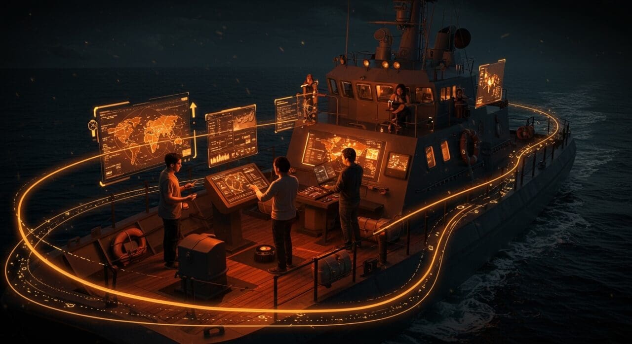 Convocatoria de startups para innovación tecnológica en navegación en Magallanes, con founders latinos colaborando en un entorno naval futurista.