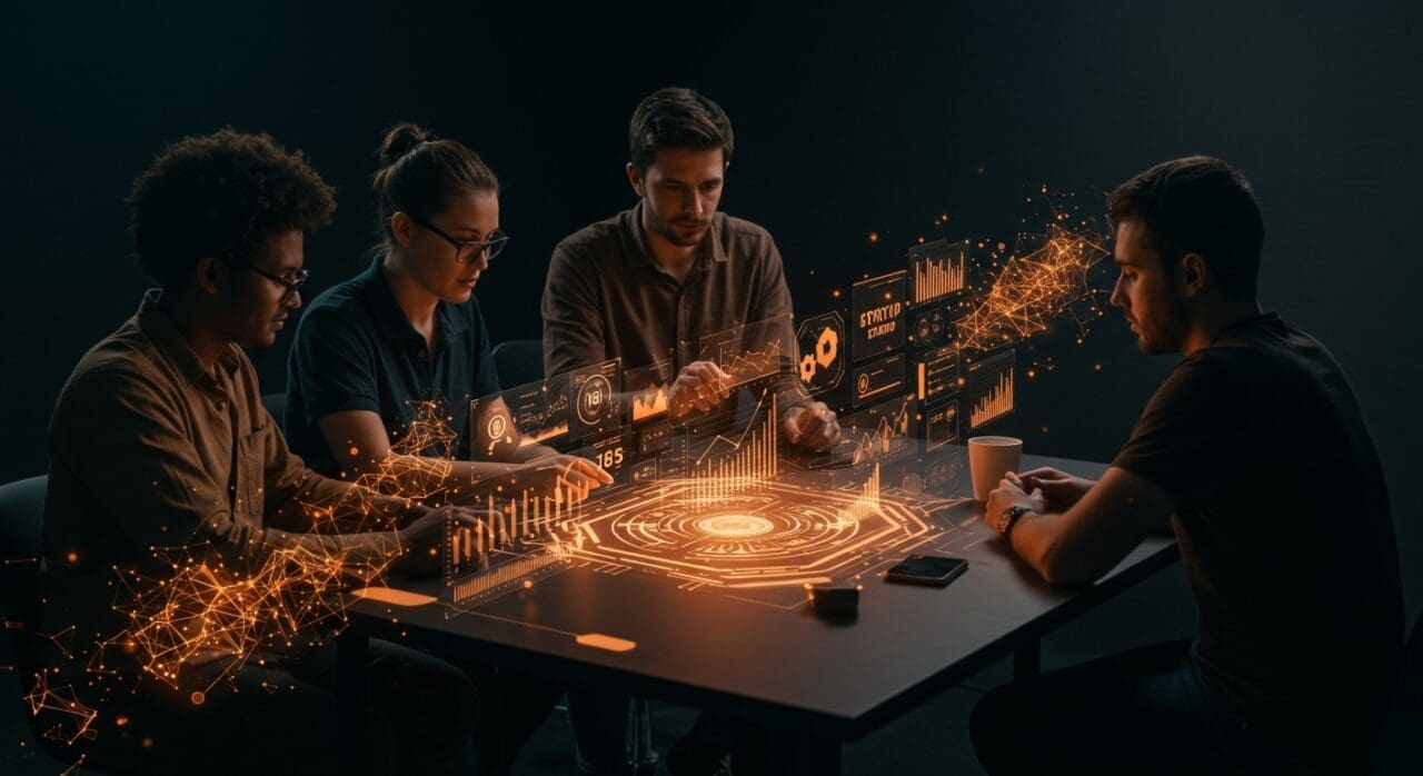 Grupo de founders tecnológicos colaborando en Innovafest LATAM 2025 con iconos de innovación, IA y biotecnología en entorno futurista.