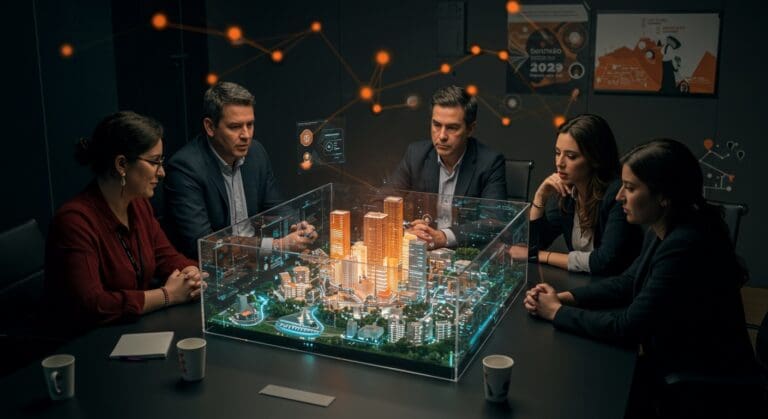 Startups y municipalidades colaborando en innovación urbana en Santiago con tecnología y modelos digitales de ciudades inteligentes.