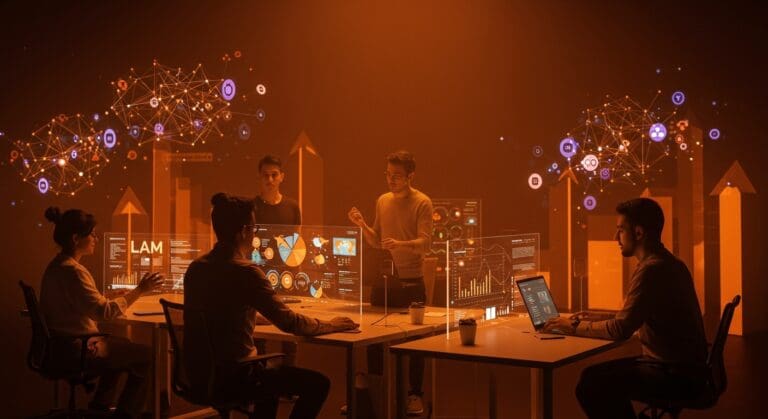 Grupo diverso de emprendedores hispanos colaborando en fintech e inteligencia artificial en el ecosistema startup de Latinoamérica 2026.