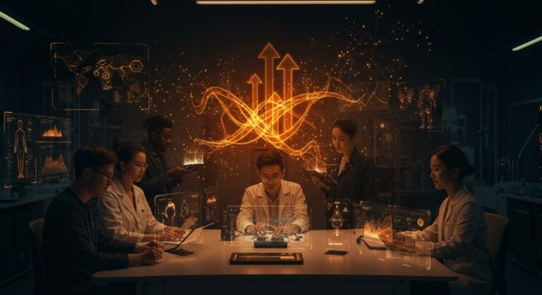 Startups de salud y wellness innovadoras colaborando en laboratorio futurista con tecnología healthtech e inteligencia artificial en evento TechCrunch Disrupt 2025.