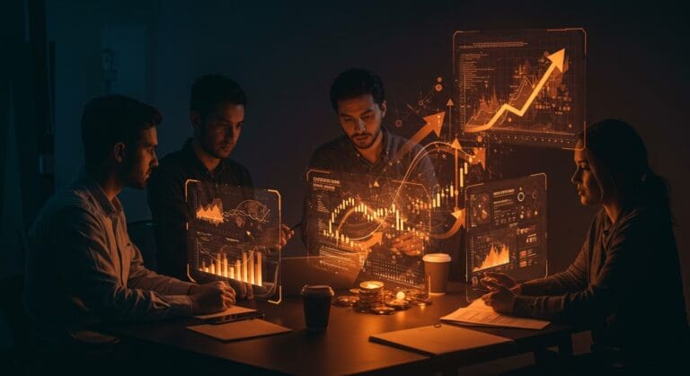 Fundadores de startups en sectores regulados colaborando con interfaces digitales que muestran estrategias de innovación y financiamiento con flujos de capital de riesgo destacados.