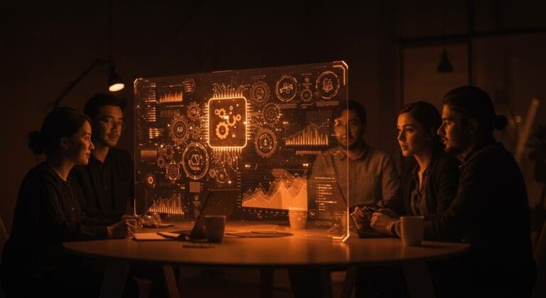 Visualización de datos interactiva con SVG en startups de IA y automatización, mostrando colaboración y tecnología avanzada.