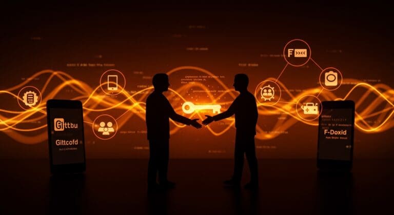 Cambio de propietario en Syncthing-Android ilustrado con colaboración y gobernanza open source en desarrollo comunitario.