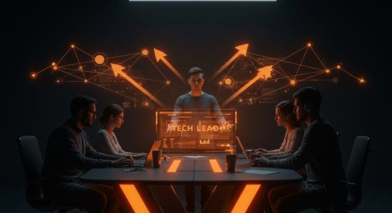 Tech Lead liderando sin autoridad formal en una startup, mostrando influencia, confianza y gestión de equipos en un entorno tecnológico.