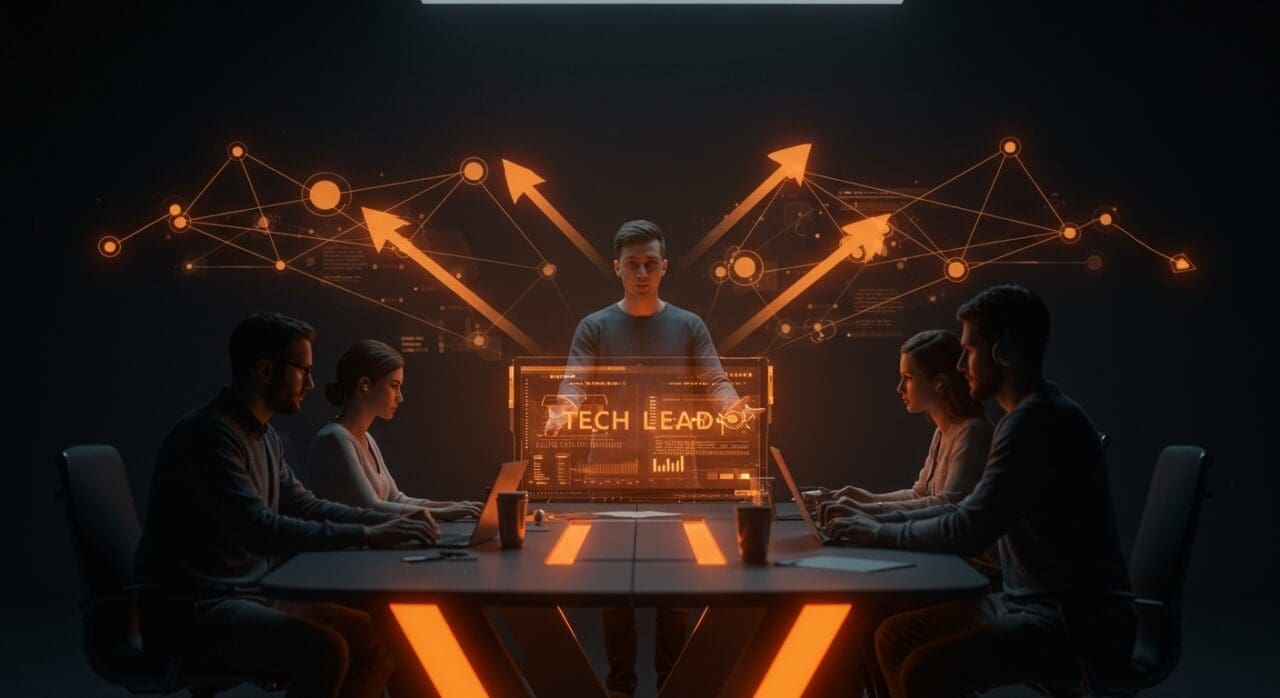 Tech Lead liderando sin autoridad formal en una startup, mostrando influencia, confianza y gestión de equipos en un entorno tecnológico.