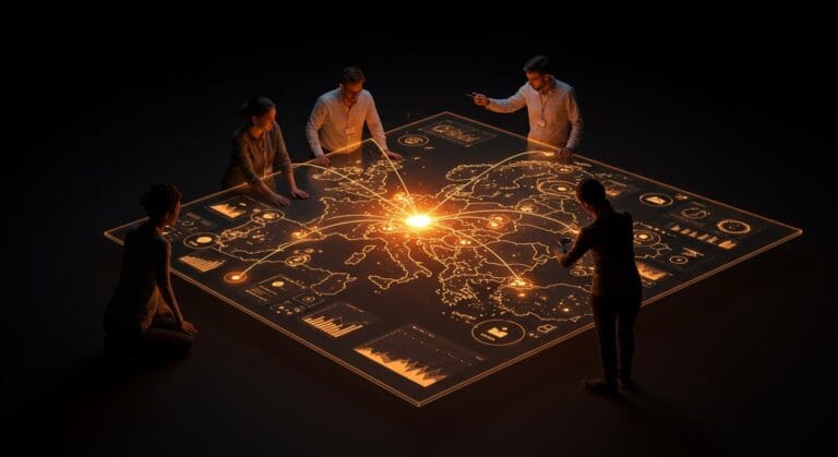 Grupo de founders analizando datos clave del mercado de startups en Europa con representación visual de tendencias e inversión.