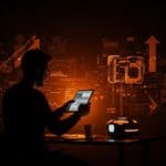 Founder de startup de hardware enfrentando retos y resiliencia con prototipos tecnológicos en un ambiente futurista y colores naranja y negro.