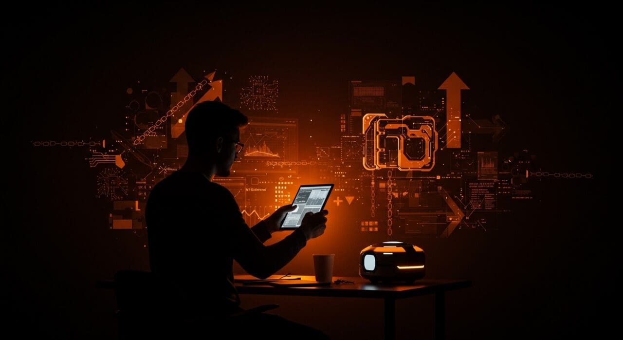 Founder de startup de hardware enfrentando retos y resiliencia con prototipos tecnológicos en un ambiente futurista y colores naranja y negro.