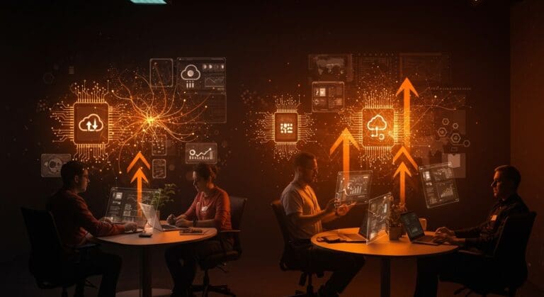 Startup founders colaborando en tecnología avanzada de IA, chips y servicios cloud en AWS re:Invent 2025 para LATAM.