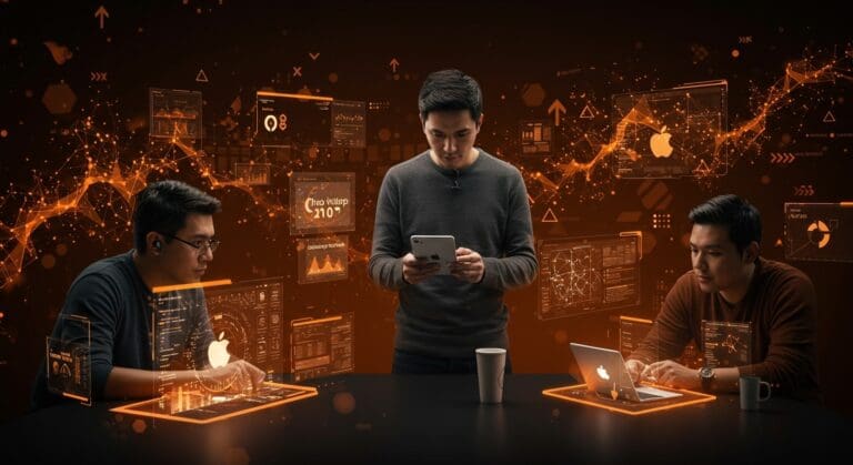 Fundadores tecnológicos de LATAM interactuando con interfaces de IA en dispositivos Apple, representando tendencias de inteligencia artificial en apps líderes 2025.