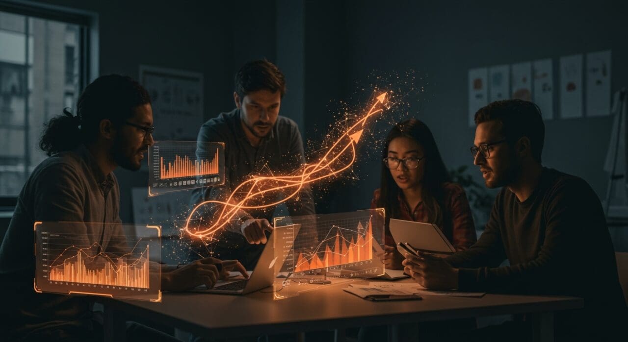 Startup founders colaborando con interfaces holográficas de IA y venture capital, representando tendencias y adopción de IA empresarial en LATAM para 2026.