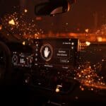 Interfaz digital de Tesla FSD mostrando mensajería manos libres con íconos abstractos de IA y seguridad vial en tecnología automotriz.