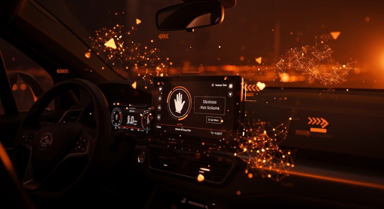 Interfaz digital de Tesla FSD mostrando mensajería manos libres con íconos abstractos de IA y seguridad vial en tecnología automotriz.