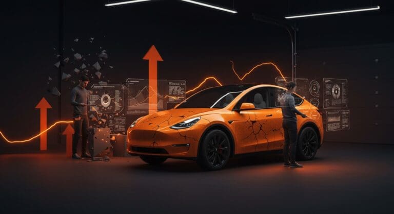 Tesla Model Y con efectos visuales que representan problemas de fiabilidad según el informe TÜV, ilustrando lecciones para startups en movilidad y hardware.