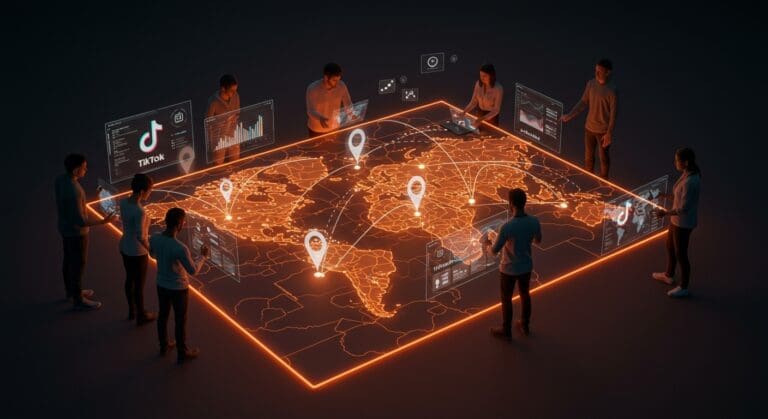 Startup founders interactuando con mapa digital de contenido local en TikTok Nearby, mostrando oportunidades de marketing digital geolocalizado.