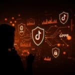 Fundador frente a interfaz digital con símbolos de privacidad y protección de datos en contexto de TikTok y GDPR para startups tecnológicas.