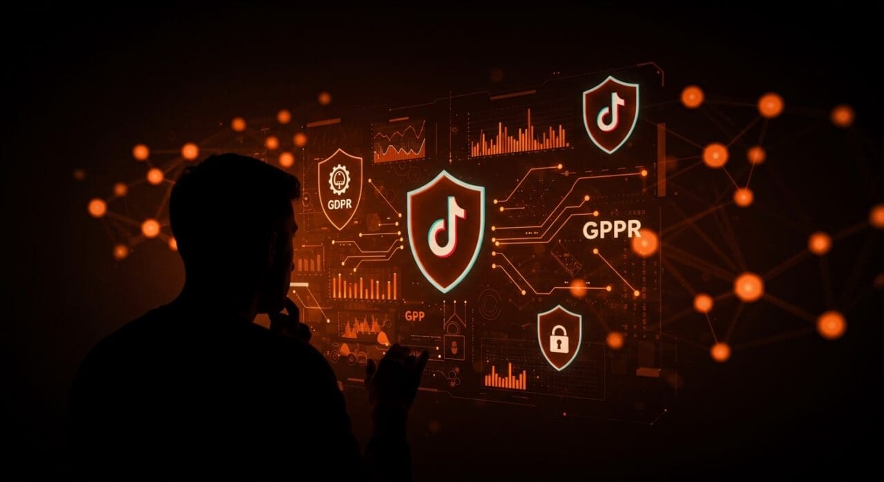 Fundador frente a interfaz digital con símbolos de privacidad y protección de datos en contexto de TikTok y GDPR para startups tecnológicas.