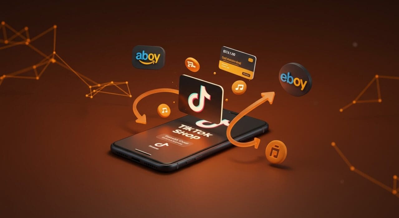 Representación digital de TikTok Shop y tarjetas de regalo digitales en el contexto de tendencias e-commerce y competencia con Amazon y eBay.