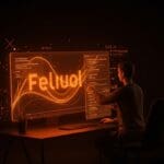 Tipografía fluida en CSS aplicada en diseño UX de productos SaaS con interfaz digital futurista en ecosistema startup naranja y negro.