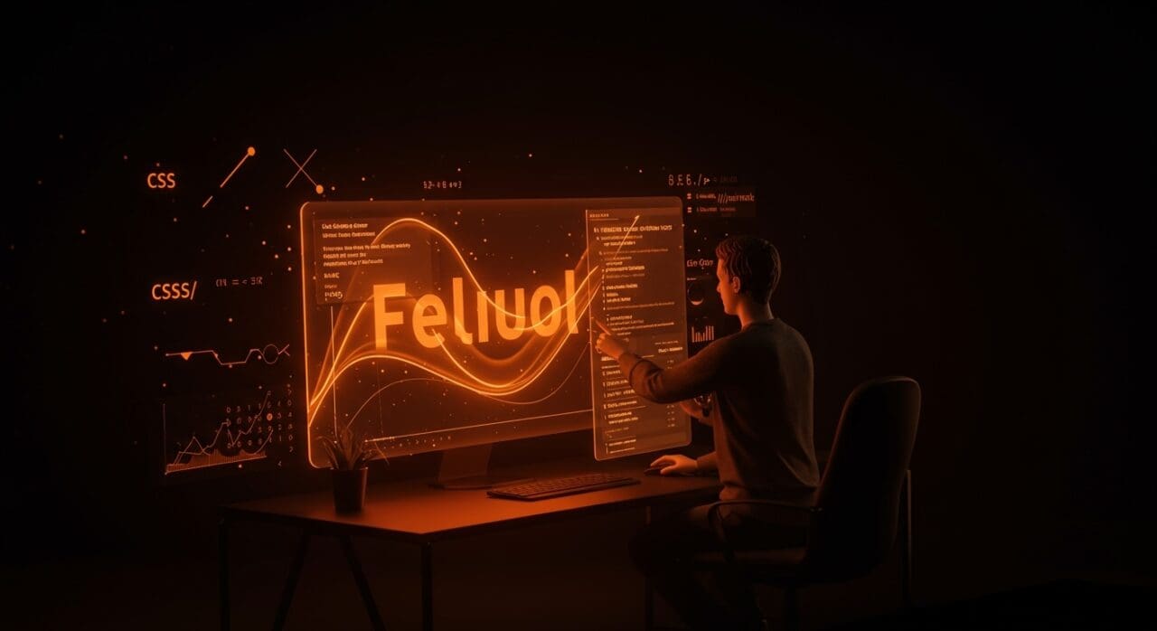 Tipografía fluida en CSS aplicada en diseño UX de productos SaaS con interfaz digital futurista en ecosistema startup naranja y negro.