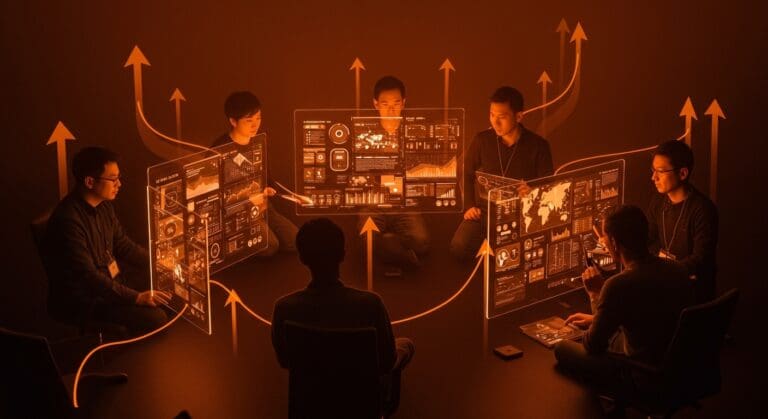 Fundadores y líderes colaborando en tecnología media tech con simbolismos de innovación y comunidad startup en Ecosistema Startup.