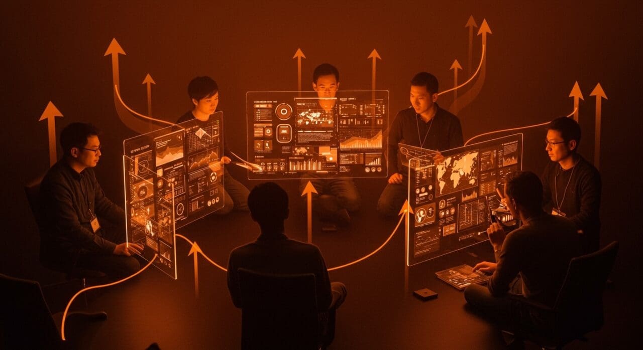 Fundadores y líderes colaborando en tecnología media tech con simbolismos de innovación y comunidad startup en Ecosistema Startup.