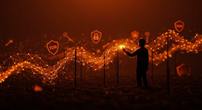 Tecnologías Tor para anticensura digital en 2025 representadas con redes encriptadas y un fundador tecnológico en un ambiente futurista en la paleta naranja y negra de Ecosistema Startup.