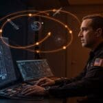 Tory Bruno liderando estrategia en Blue Origin con representaciones visuales de cohetes New Glenn y Vulcan en el sector aeroespacial competitivo.