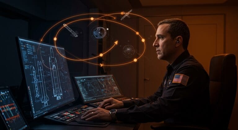 Tory Bruno liderando estrategia en Blue Origin con representaciones visuales de cohetes New Glenn y Vulcan en el sector aeroespacial competitivo.