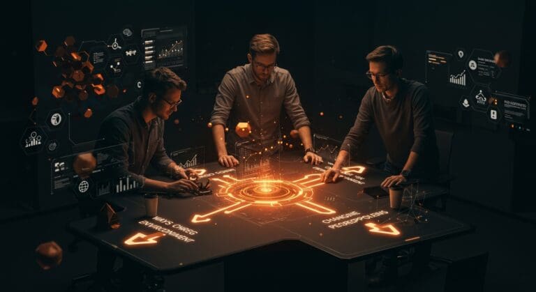 Founders de startups colaborando y resolviendo problemas mediante cambios en entorno, percepción y metas con metáforas visuales de gestión de productos y decisiones estratégicas.