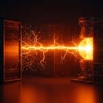 Fusión nuclear estratégica entre Trump Media y TAE Technologies con elementos de IA y centros de datos en paleta naranja y negro.