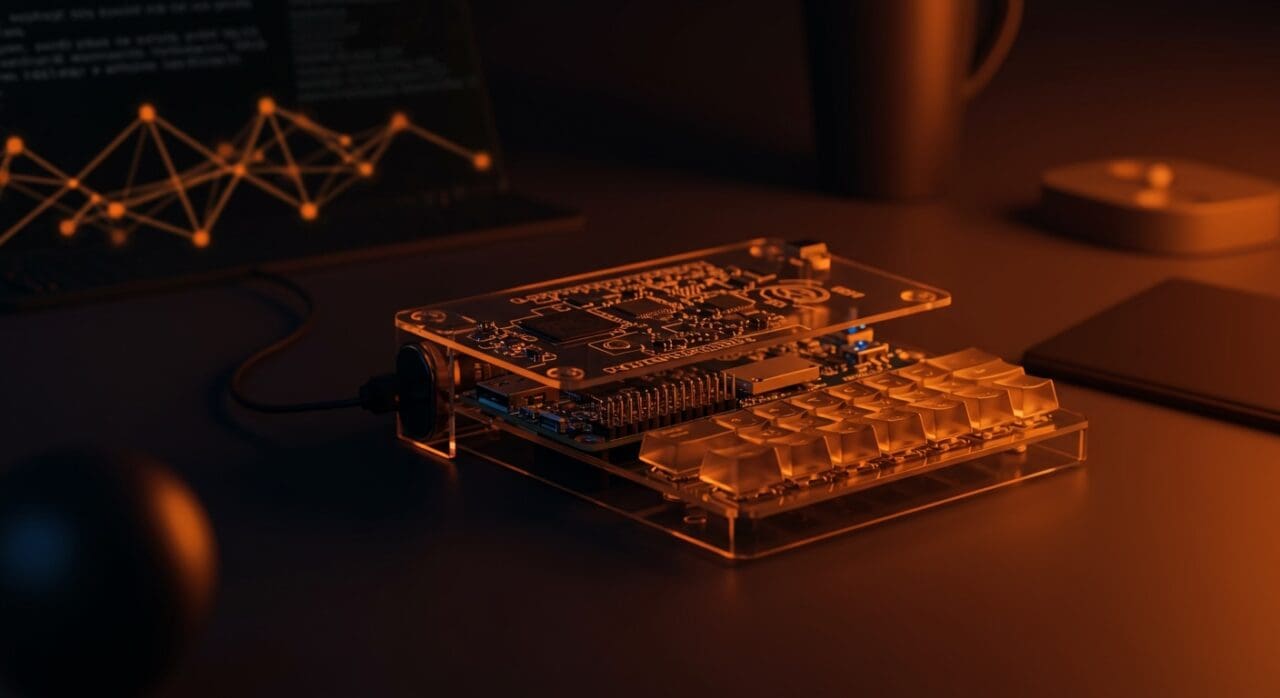 Hardware portable profesional Typeframe PX-88 con Raspberry Pi, teclado mecánico y diseño personalizable para startups y desarrolladores.