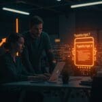 Fundador y CTO colaborando con visualizaciones digitales de TypeScript 7 y compilador nativo, destacando mejoras para desarrollo SaaS de alto rendimiento.