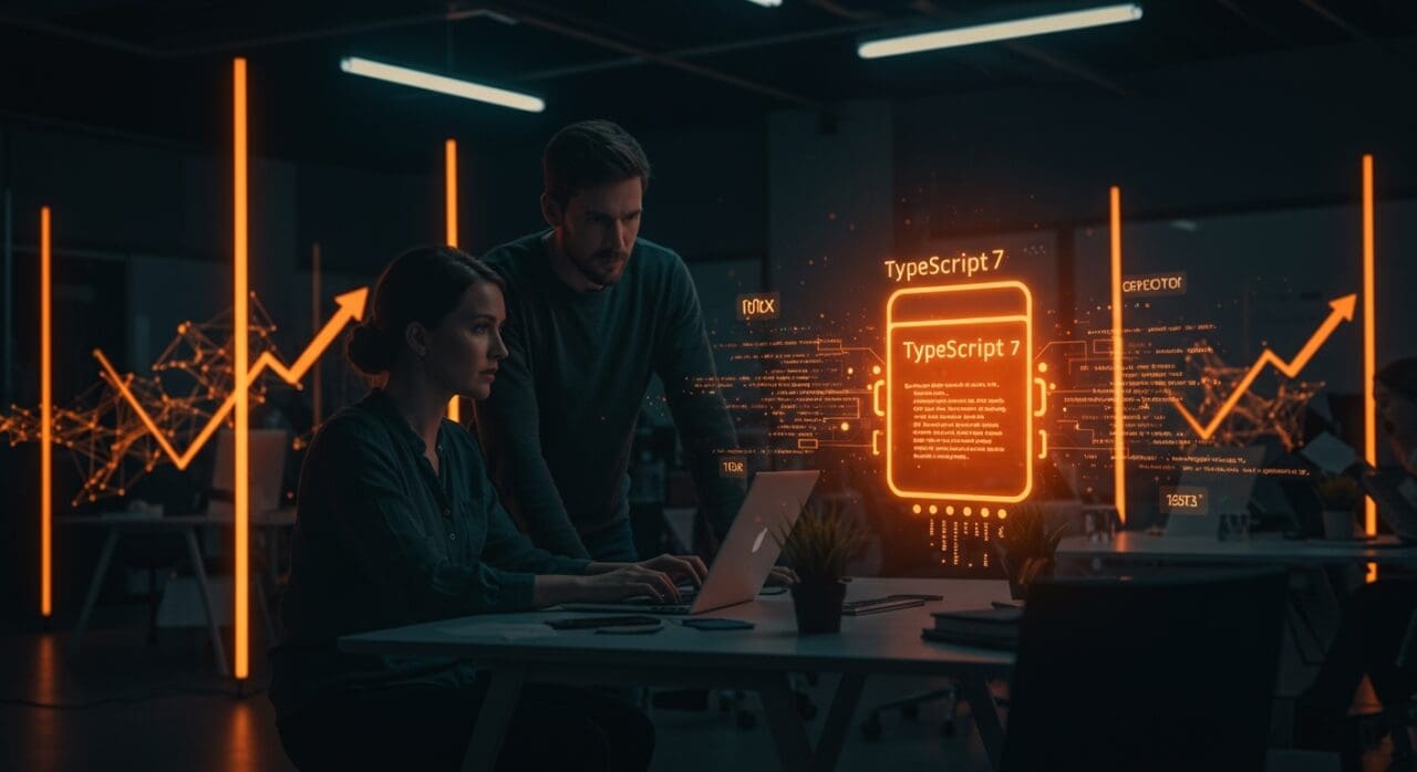 Fundador y CTO colaborando con visualizaciones digitales de TypeScript 7 y compilador nativo, destacando mejoras para desarrollo SaaS de alto rendimiento.