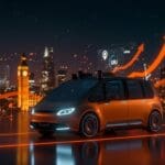 Robotaxi autónomo de Uber, Lyft y Baidu circulando en Londres con interfaz digital que representa movilidad autónoma y tecnología de transporte AI.