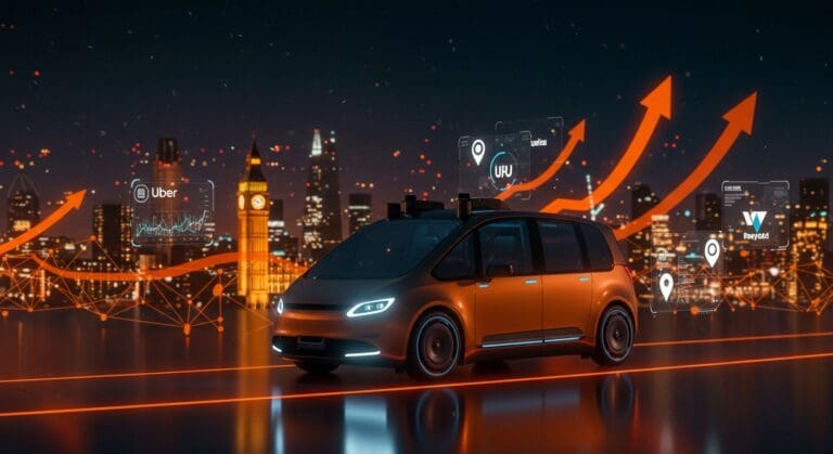 Robotaxi autónomo de Uber, Lyft y Baidu circulando en Londres con interfaz digital que representa movilidad autónoma y tecnología de transporte AI.