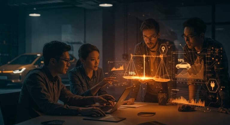 Fundadores de startups tecnológicas analizando el impacto de la regulación europea en vehículos eléctricos y la transición energética en movilidad sostenible.