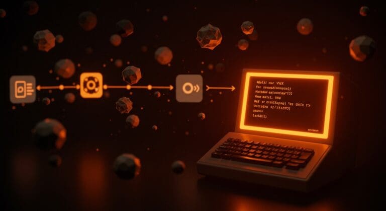 Terminal vintage con código Unix V4 iluminado en naranja y negro, simbolizando la evolución del software abierto y su impacto histórico en tecnología.